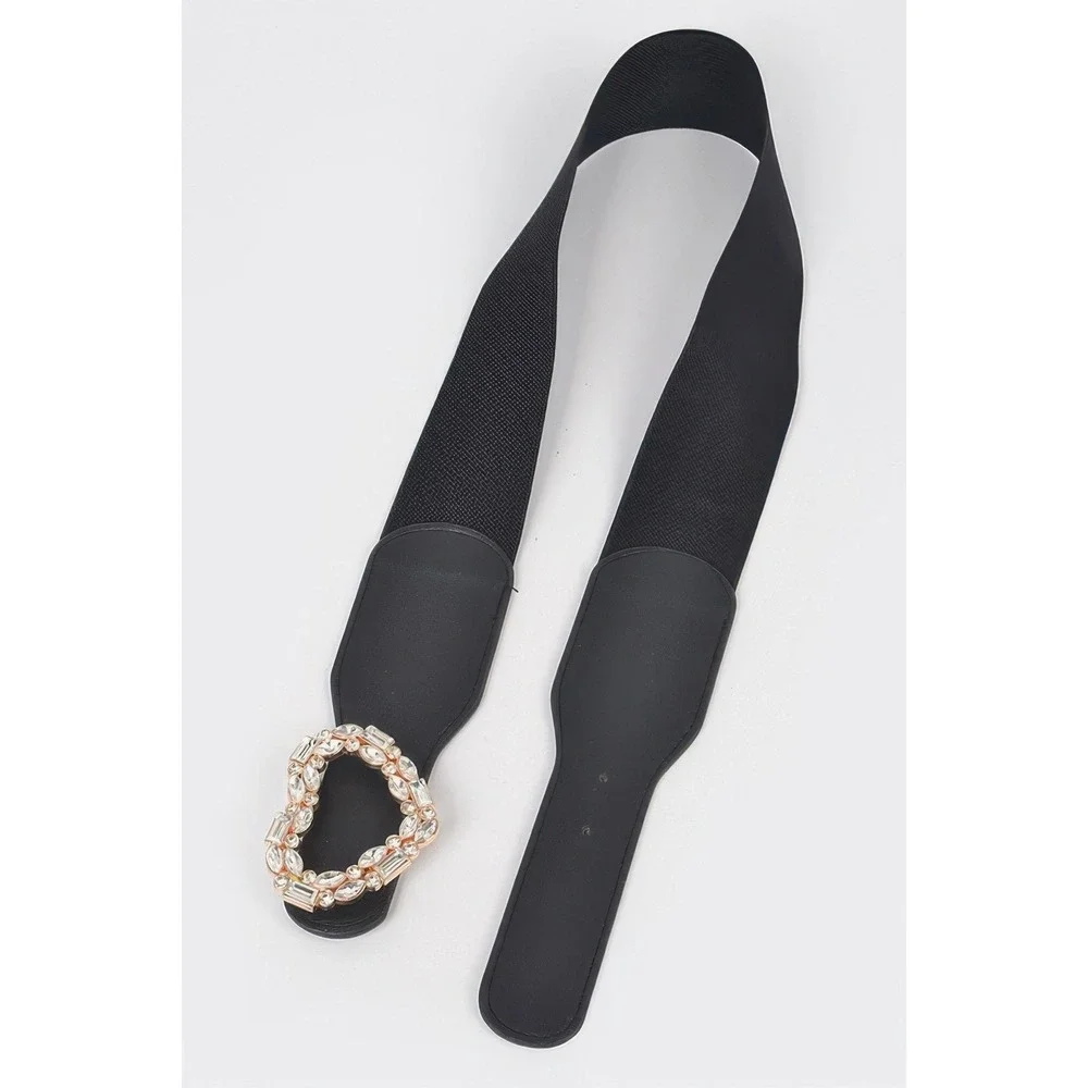 Heart Buckle Belt Womens Black NEW Rhinestone Crystal Elastic